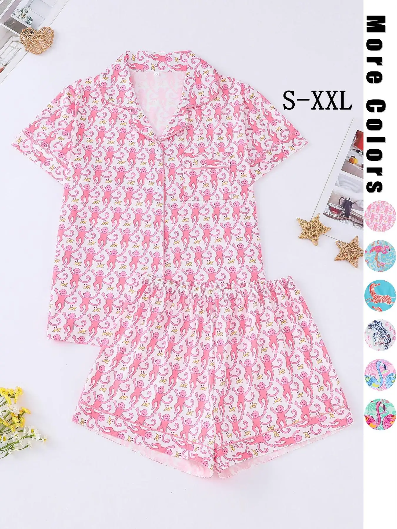 Women's Monkey Print Lapel Neck Button Front Shirt & Elastic Waist Shorts Pyjama Set, Casual Comfy Short Sleeve Pocket Top & Shorts PJ Set, Ladies Sle