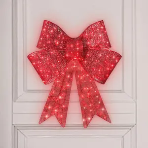 [Free Ship] LIVOA 24Inch Large Pre-Lit Christmas Bow Decoration Outdoor LED Lighted Holiday Décor with 8 Lighting Modes & Hanging Hook Waterproof Red Ribbon Ornament for Porch Yard Wall & Christmas Tree - Gift