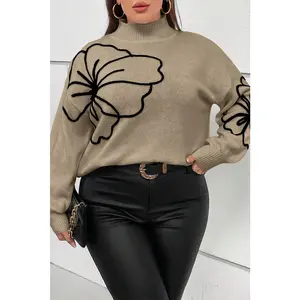 Dark Khaki Plus Size Big Flower Pattern High Neck Drop Shoulder Sweater