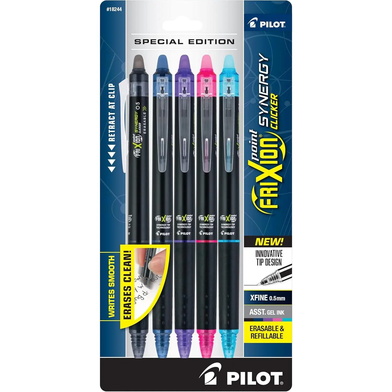 FriXion Synergy Clicker Erasable, Refillable, Retractable Gel Ink Pens, Extra Fine Point 0.5 mm, Pack of 5, Assorted Colors, FriXion Erasable Pens 0.5 - Ideal for School & Office Writing