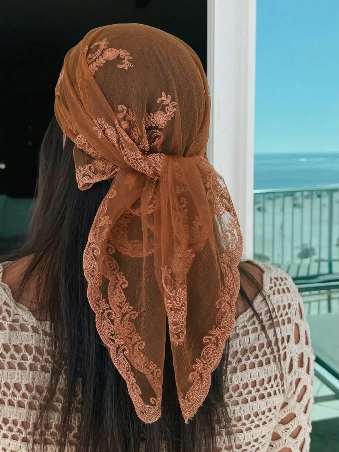 Women's Lightweight Lace-Trimmed Cashew Embroidered Square Scarf, Breathable & Fitted Design, Ideal for All Seasons, Fashion Headscarf, Fashion Shawl, Scarf Head Wrap