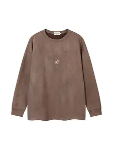 Men's Embroidery Drop Shoulder Suede Sweatshirt, Casual Fashion Sweatshirt, Loose Casual Long Sleeve Round Neck Pullover for Fall & Winter, Men's Clothes for Daily Wear
