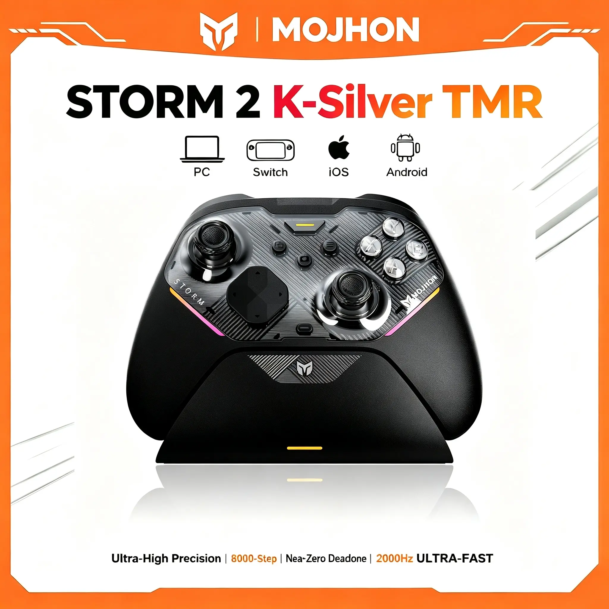 STORM Wireless Gaming Controller, TMR Joystick, 4096-Level Precision, 2000Hz Wireless Polling Rate, Dual Trigger, 6-Axis Motion Control, Tri-mode Gamepad for PC Switch