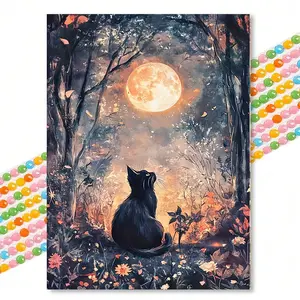 Moonlight Cat Diamond Painting Kit, Dreamy Healing Style, Round Drill 30x40cm, Bedroom Entryway Decor, Handmade Craft Gift