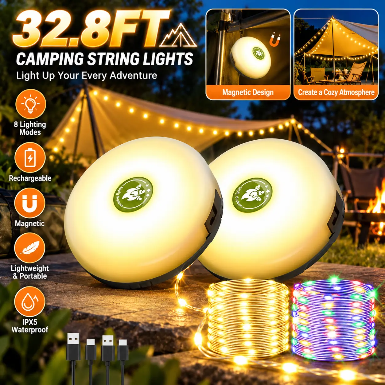 2-Pack 32.8FT Camping String Lights Outdoor - Rechargeable LED Camping Lantern with 8 Lighting Modes, Waterproof Portable Tent Lights for Camping, Patio, RV, Garden & Outdoor Essentials