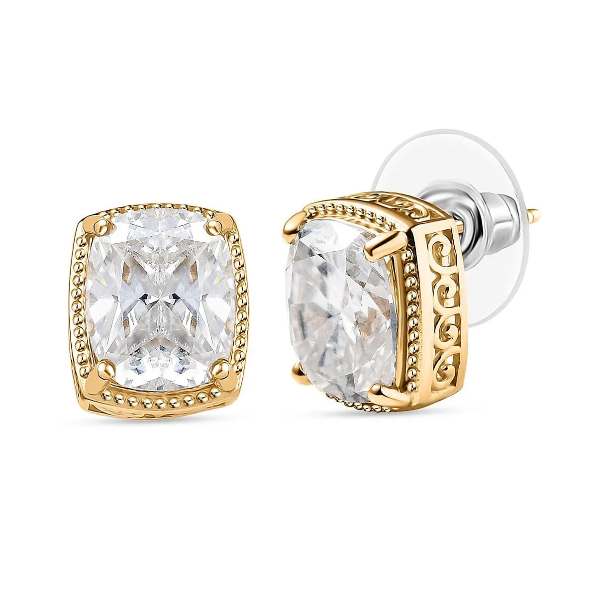 D'Joy Moissanite (Cush 11x9mm) Stud Earrings in 18K Vermeil YG Over Sterling Silver 7.30 ctw