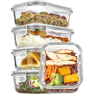 5Pack 22oz Glass Storage Containers with Lids, Glass Meal Prep Food Container Sets with Snap Airtight Lids for Microwave, Oven, Freezer and Dishwasher, Grey