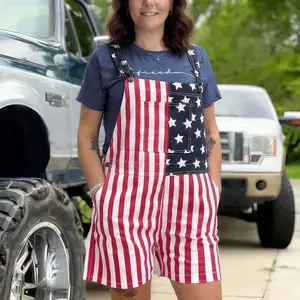 Unisex Denim Bib Shorts Overalls with American Flag Print, Stretch Summer Shorts, Patriotic Holiday Outfit