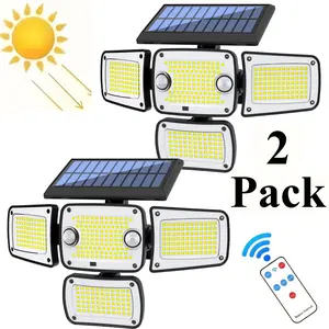 2Pcs Super Bright Extra Wide Solar Motion Sensor Outdoor Light, Floodlight, Security Light, Four Adjustment Modes, Four Light Heads, 270° Lighting Angle, Remote Control, For Yard, Garage, Porch