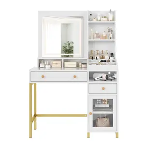 Vanity Desk with Lighted Mirror Adjustable Brightness & Power Outlet, Makeup Vanity Table with 2 Drawers and Shelves, White and Gold Vanity, Dressing Table for Women, Girls
