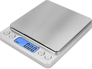 Small Digital Scale,3kg/0.1g,Kitchen Scale,Food Scale,with Blue Backlit LCD Display, 6 Units, Auto Off, Tare, PCS Function, Stainless Steel, Battery Included Portable