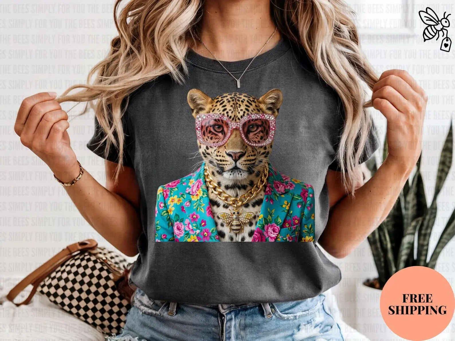 Comfort Colors Rhinestone Glam Leopard T-Shirt, Floral Blazer Sunglasses Graphic Tee, Maximalist Animal Print Shirt, Retro Fashion Gift