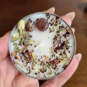 JUMBO Handcrafted Intention Tea Lights Dressed Ritual Candles with Herbs & Crystals for Love Protection Money Spellwork Soy Candle Decor Agate Cherry Flowers
