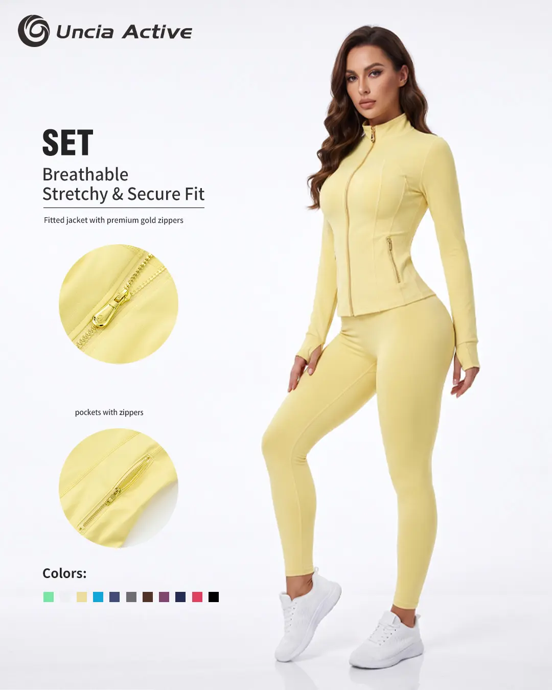 Women's 2-Piece Gold Zipper Stand Collar Yoga Jacket & High Waist Stretch Leggings Set - Separable Mix & Match Activewear with Thumb Holes, Pockets for Gym, Running