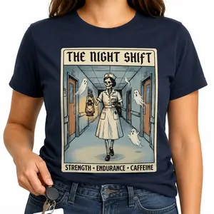 Night Shift Nurse T-Shirt, Hospital Skeleton Tarot Card Graphic Tee, ER ICU RN Doctor Med Student Shirt
