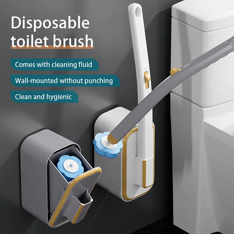 Wall-mounted toilet brush set (48 disposable brush heads and handle), bathroom cleaning tools, bathroom accessories, household essentials, cleaning supplies.