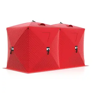 Garvee 6-8 Person Instant Ice Fishing Shelter – 60-Second Setup Fully Insulated Warm Red Cabin-Style Shanty, Windproof Portable Ice Tent with Anchors, Ropes & Carry Bag
