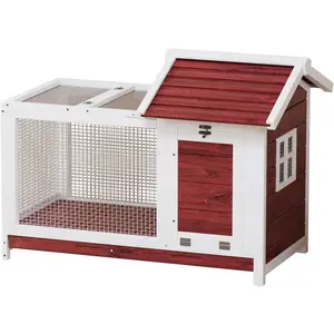 White Wooden Rabbit Hutch Indoor and Outdoor, Rabbit Cage with Removable Wire Netting, Weatherproof Bunny Cage with Anti-Chew Metal Frame Ramp for Small Animals
