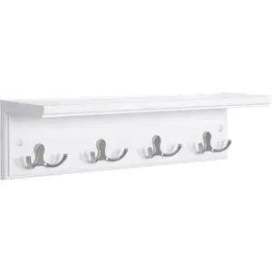 Entryway Hanging Coat Rack, Wall-Mounted Wooden Shelf, with 4 Double Hooks, Wall Floating Shelf, White ULHR42WT