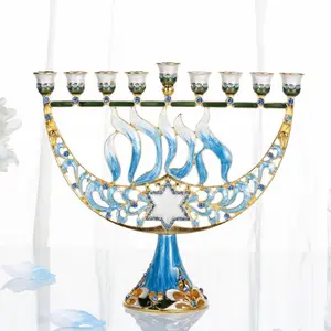 Handmade Enamel Menorah Candelabra with Star of David and Hanukkah Design in Gold Accents - Perfect Jewish Hanukkah Gift for Candle Lovers
