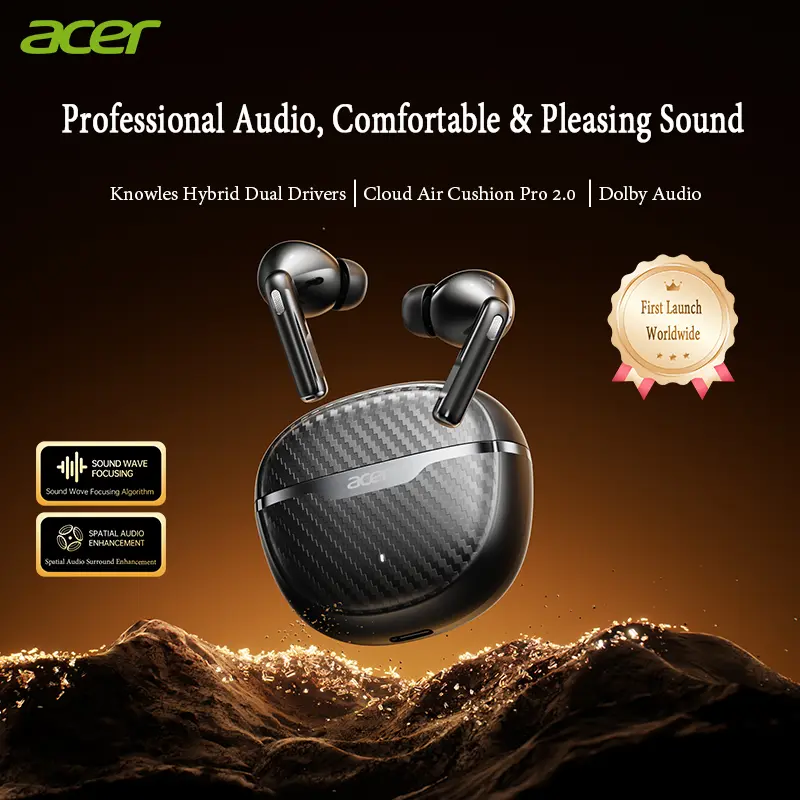 Acer OHR655 Wireless Earbuds - Noise Cancelling, Pure Bass Hi-Fi Sound, Over-Ear Design with LED Display, Built-in Mic, Bluetooth Charging Cuff, for Running, Laptop, Pad, Mobile Phone Bluetooth Charging Digital Audio Headphone Stereo