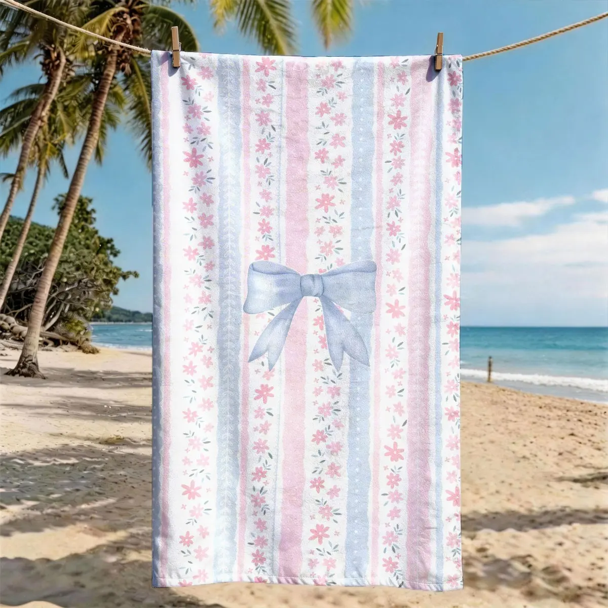 Pink & Blue Striped Floral Bow Printed Oversized Beach Towel, Skin-friendly Quick-Dry Breathable Absorbent Towel For Beach, Pool & Summer Use
