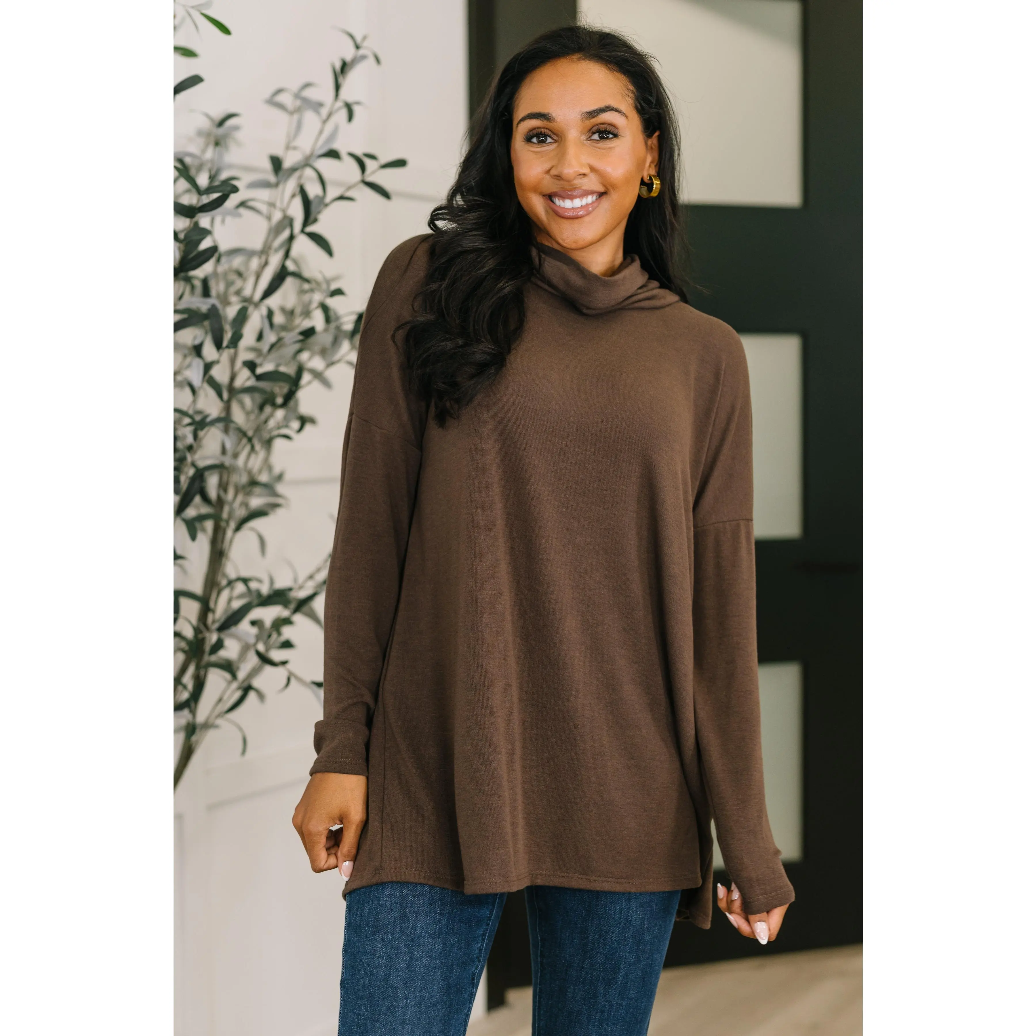 Travel Destination Cowl Neck Pullover in Chocolate