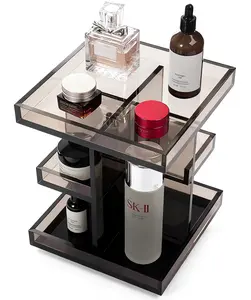 Women’s 3-Tier Square Acrylic Rotatable Makeup Organizer - 360° Rotating Countertop Vanity Storage Boxes, No Manual Installation, Large-Capacity Perfume Holder, Ideal Birthday & Valentine’s Day Gifts