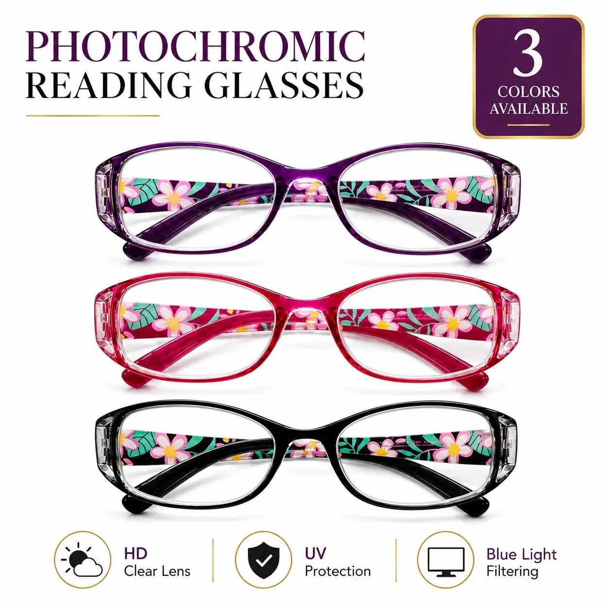 Photochromic Reading Glasses for Women, Light Adaptive Readers with Blue Light Filtering, UV Protection HD Clear Lenses, Lightweight Floral Frame Eyewear for Indoor & Outdoor Use