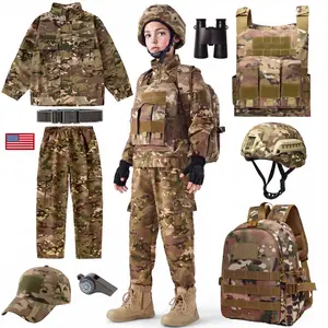 Kids Tactical Gear Army Soldier Role Play Costume 10-Piece Camouflage Uniform Set with Vest Helmet Backpack Pretend Play Dress Up Halloween Military Outfit Outdoor Adventure Rip-Stop Camo Suit