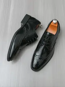 Men's Formal Tie-Up Leather Shoes, Business Casual Footwear for Office, Banquets, Weddings, Groom, PU Leather, Rubber Sole, All Seasons, Business Style Shoes