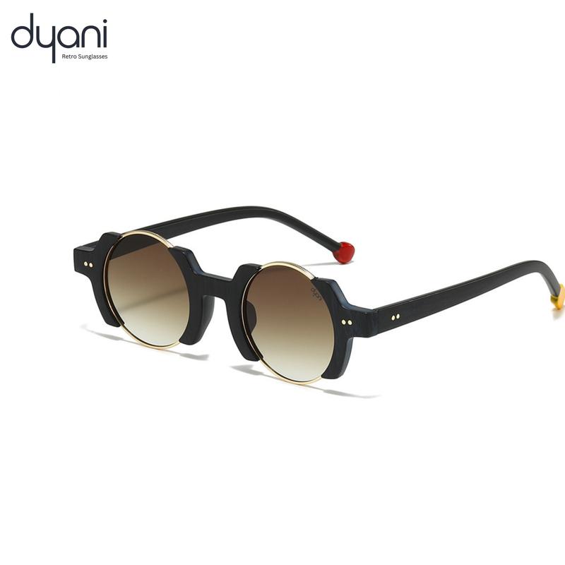 Dyani The Orbit Retro Sunglasses - Round Gold Gradient Lenses & Black Polycarbonate Frame with Red & Gold Temple Tips UV400 Protection Unisex Design