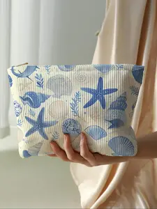 Cute Starfish Shell Print Velvet Makeup Bag, Cartoon Style, Lightweight Multi-Functional Travel Handheld Cosmetic Pouch, Makeup Storage Bag for All Seasons