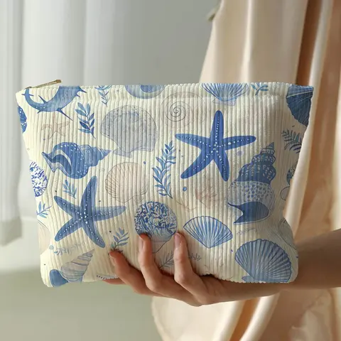 Cute Starfish Shell Print Velvet Makeup Bag, Cartoon Style, Portable Makeup Pouch, Lightweight Multi-Functional Travel Cosmetic Pouch for All Seasons