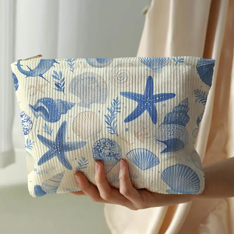 Cute Starfish Shell Print Velvet Makeup Bag, Cartoon Style, Portable Makeup Pouch, Lightweight Multi-Functional Travel Cosmetic Pouch for All Seasons
