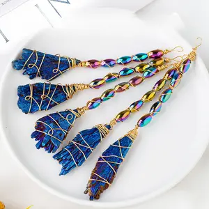 Natural electroplated colorful crystal black tourmaline raw stone broom, Halloween magic wand decoration, small gift for classmates