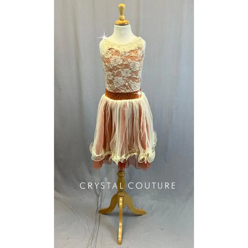 Ivory & Rust Lace Leotard with Ruffle Hem Skirt - Rhinestones