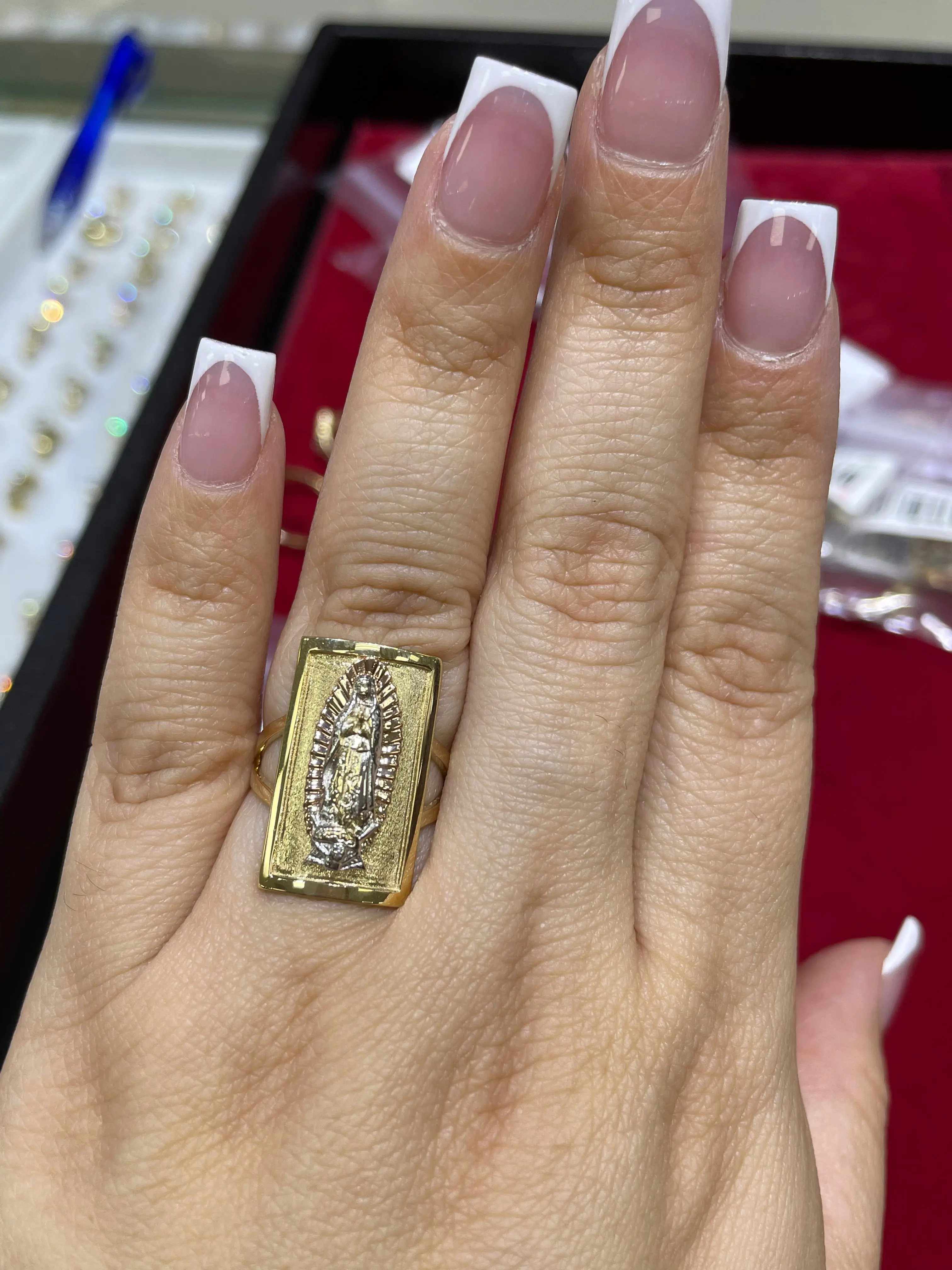 14K Tri-Color Virgencita Guadalupe Rectangle Ring