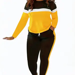Color-Block Pants Set - Long-Sleeve Crew Neck Top & Adjustable Drawstring Pants for Spring & Fall - Comfortable Style for Casual Outfit - Womenswear