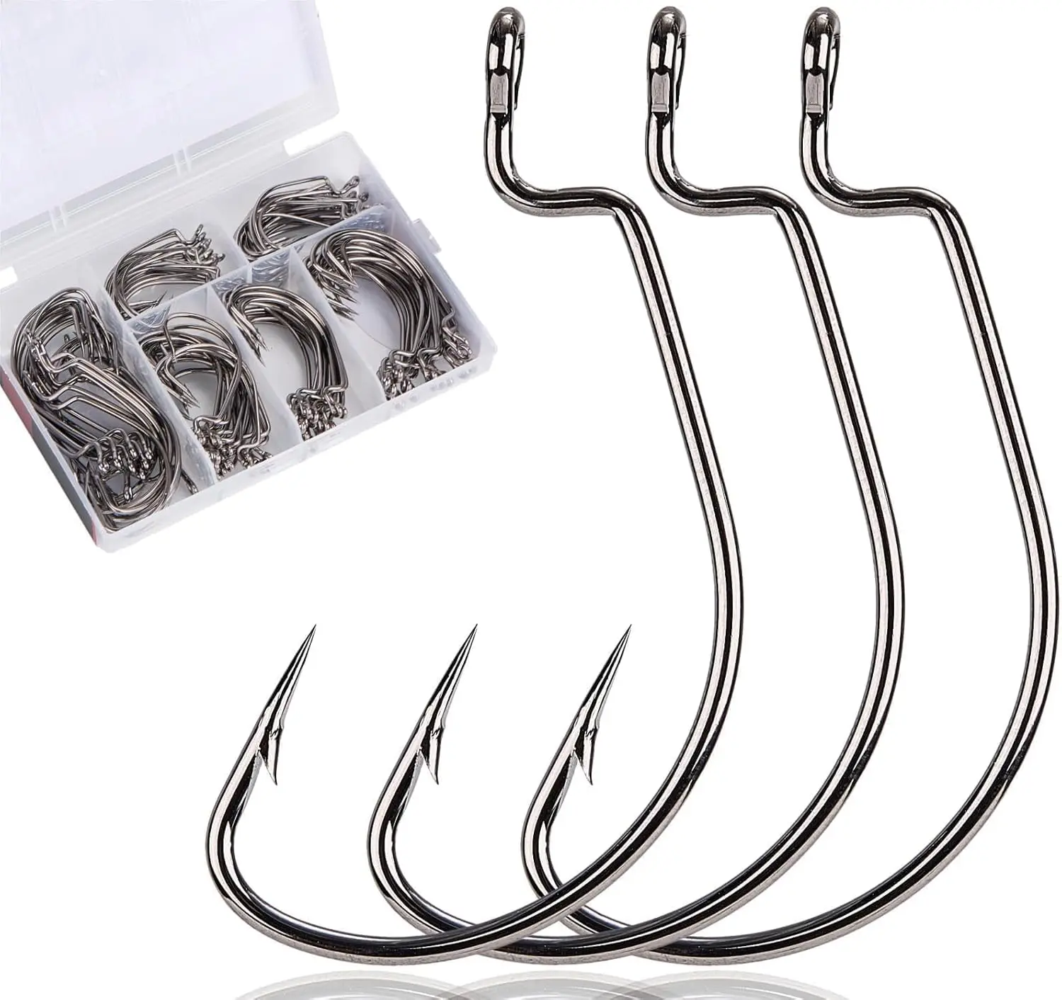 120 count Bass Hooks Set,  Offset Bass Fishing Hooks Freshwater Barbed  Worm Hooks for Texas Rigging Fishing Extra Wide Gap 6 Sizes Assorted #1 1/0 2/0 3/0 4/0 5/0