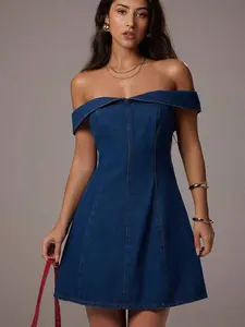 Sexy One-Shoulder Denim Dress, Turned Collar, Waist Cinch, Sleeveless Mini Dress, All Seasons, Plain Pattern, Short Length