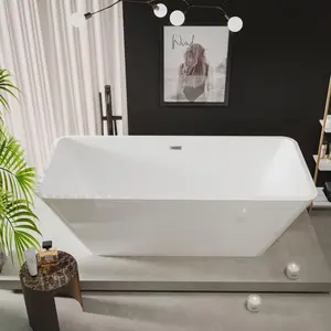 Garvee Freestanding Bathtubs in Glossy White: 66" Rectangular Soaking Tub with Chrome Drain System and 59" Acrylic Modern Soaking Tub featuring Matte Drain, Black Overflow, Double-Walled Insulation, and CUPC Certification