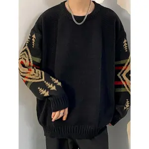 Men's Geometric Pattern Dropped Shoulder Loose Fit Fashionable Knitted Sweater Knitwear Round Neck Casual Menswear