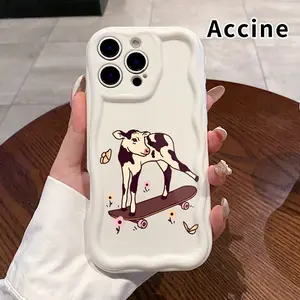 Cream Phone Case for iPhone 17 Pro Max 16 Plus 15 14 13 12 11 Air E Cow on Skateboard Pattern Curly Wave Frame Pocket-Friendly Shockproof Silicone Protective SoftCream Case Cellphone Casing