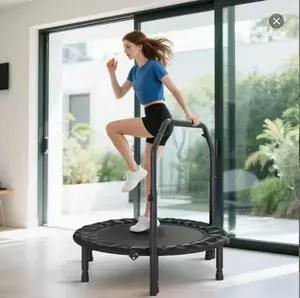40 inch round foldable exercise trampoline with non slip rubber sleeves and sturdy spring structure equipped with adjustable handle and extra resistance bands non slip safe base perfect for home yoga and stretching workouts
