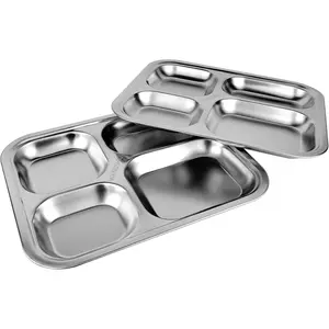 Stainless Steel Divided Plates,2 Pack Stainless Steel Rectangular Divided Plates Tray, 4 Sections Dinner Plates for Adults,Picky Eaters, Campers, and Portion Control (2, 4 divided)