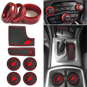 Anti-Dust Mats and Trims for Charger Accessories 2015-2023 6PCS Car Cup Holder Coasters Insert Center Console and 3 PCS Aluminum Alloy Air Conditioner Volume Radio Knob Cover Decal(red)