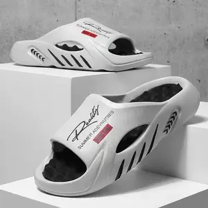 Men's Summer Fashion Sports Slippers EVA One-Piece Molding Thick Bottom Non-Slip Sandals Hollow Breathable Design Fashion Letter Printing Street Style Comfortable Orange Boy Footwear Black