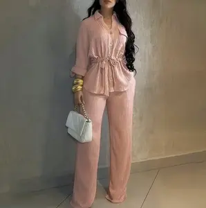 2026 Spring New Women's 2 Pieces Outfit Vintagen-down Colar Rol Up Sleeve Button Front Flap Pocket Design Waist Drawstring Top and Elastic Waist Wide Leg Pants Set Casual Textured Commuting Set
