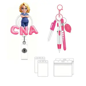 Nurse ID Badge Display Set – Cute Cartoon Nurse Expandable Badge Holder, includes nurse pen set, permanent marking pens, and a transparent card holder; a perfect accessory gift for certified nursing assistant roles.